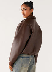 Outlands Faux Leather Bomber Jacket - Chocolate