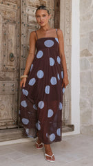 Melinda Mesh Maxi Dress - Brown / Blue Polka Dot