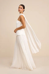 Eloise White Jacquard Pleated Maxi Dress and Scarf Set